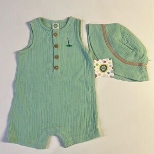 *NWT Little Me Boys' Golf Embroidered Cotton Gauze Romper & Hat Set 9 Month